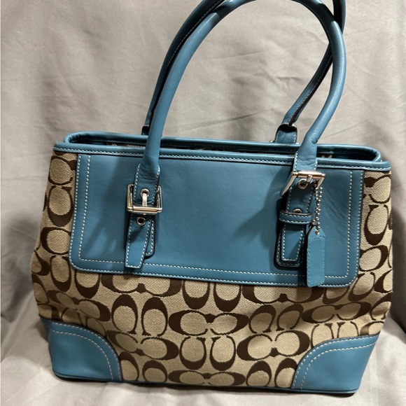Coach Signature Canvas Tote with Blue Leather Trim - Picture 7 of 10